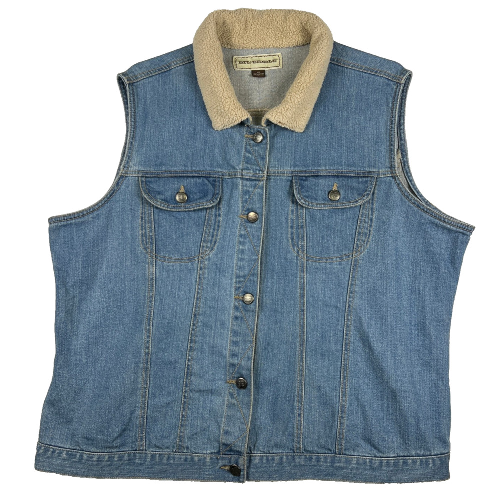 Bit & Bridle Denim Vest Sherpa Fleece Collar Lined Button Up Trucker Women 2XL